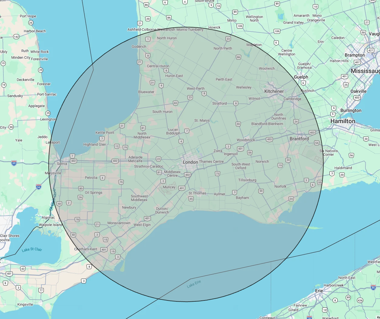 Map of RV Solutions' Southwestern Ontario service radius