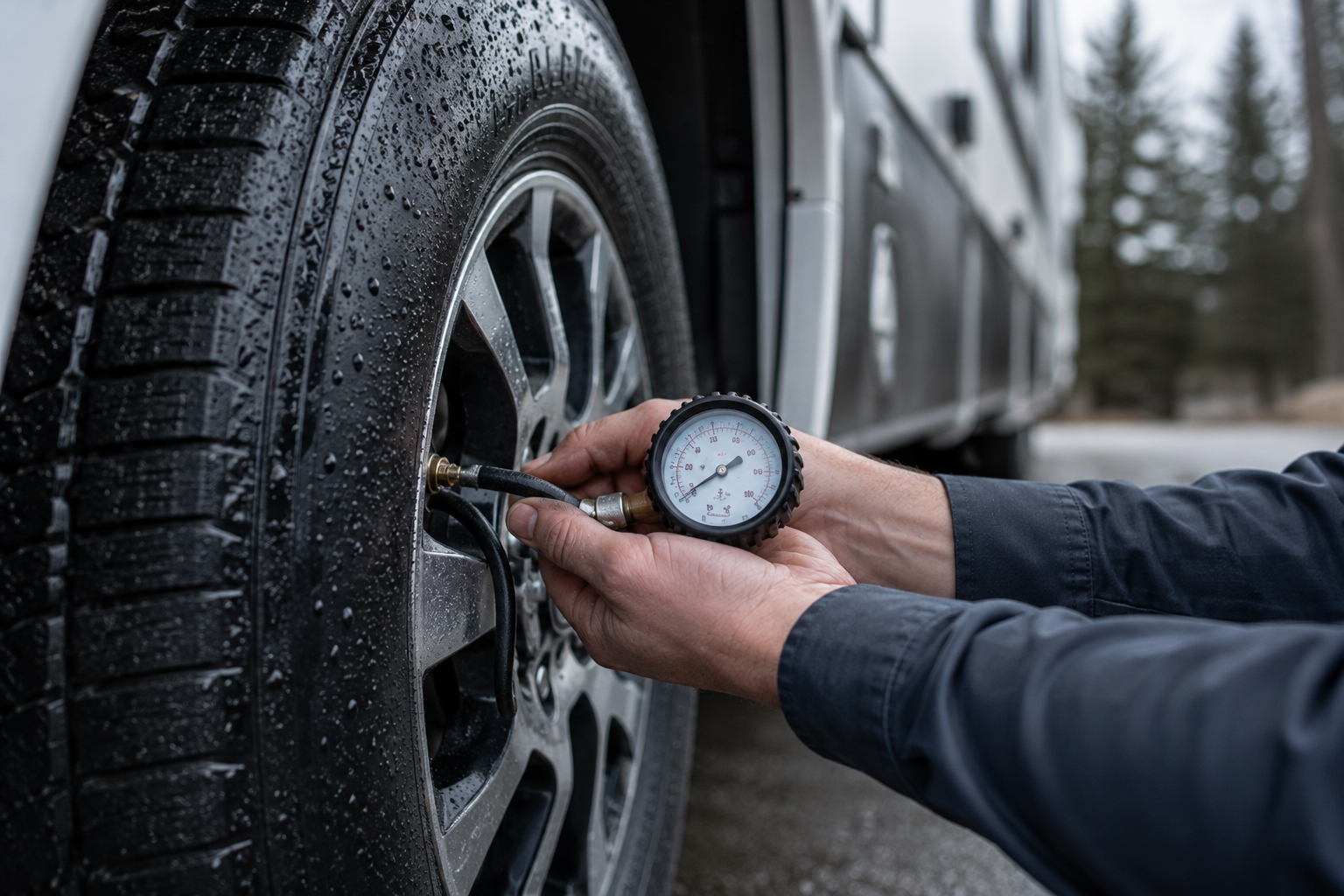 Close-up of a tire pressure check on an RV