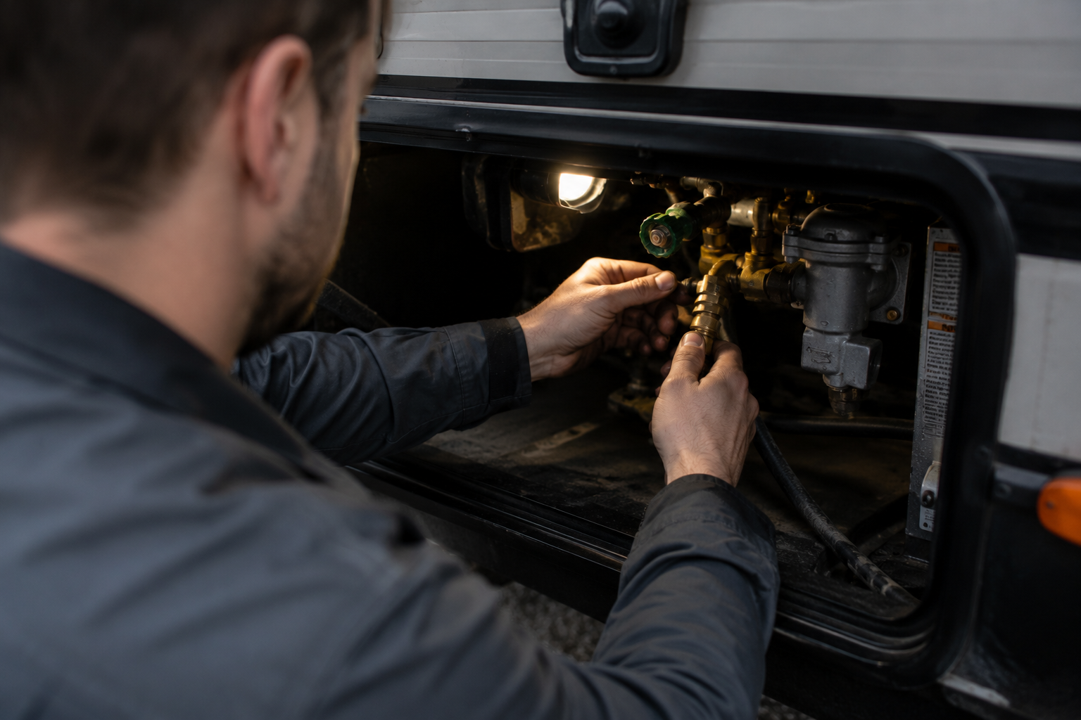 Technician adjusting a propane fitting under an RV