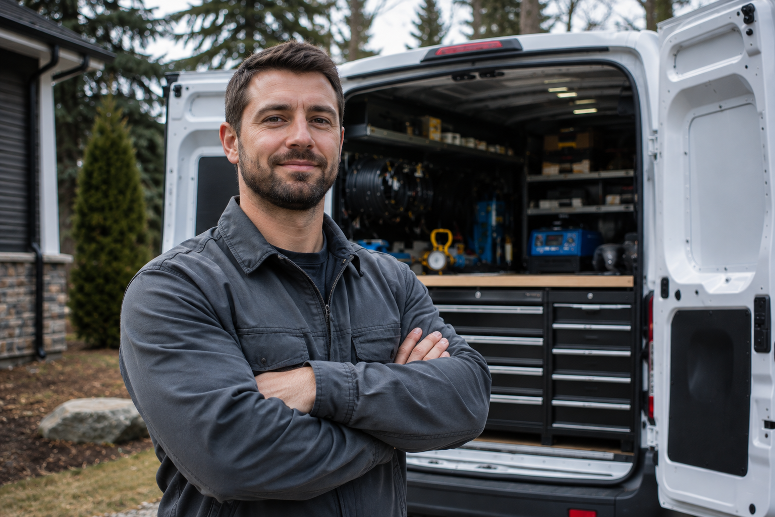 RV Solutions technician standing in front of the service van