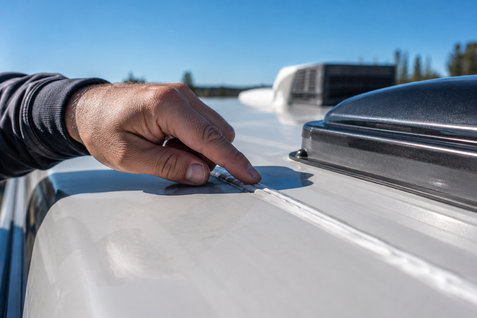 Close-up of a technician checking an RV roof seal